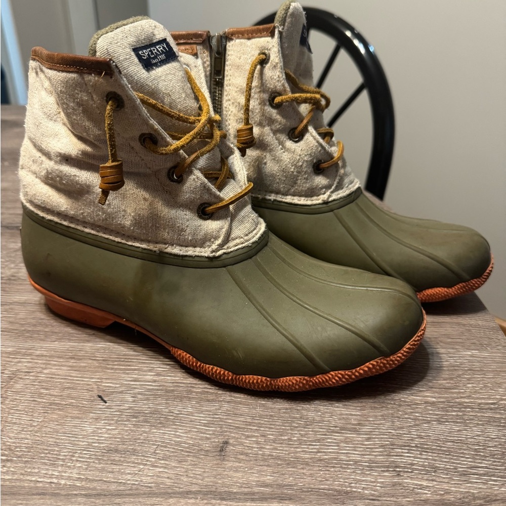 Sperry Olive and Tan Duck Boots